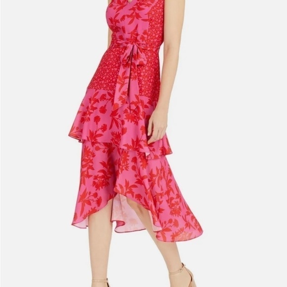 Sam Edelman Pink & Coral Ruffle Midi Dress Size 3x - Picture 2 of 12
